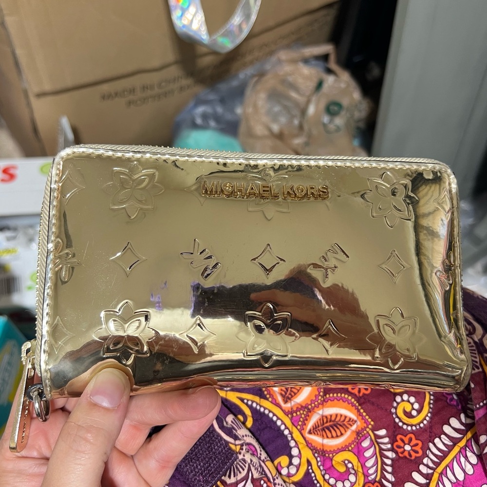 Michael Kors Jet Set Large Gold Metallic Phone Case Wristlet Wallet